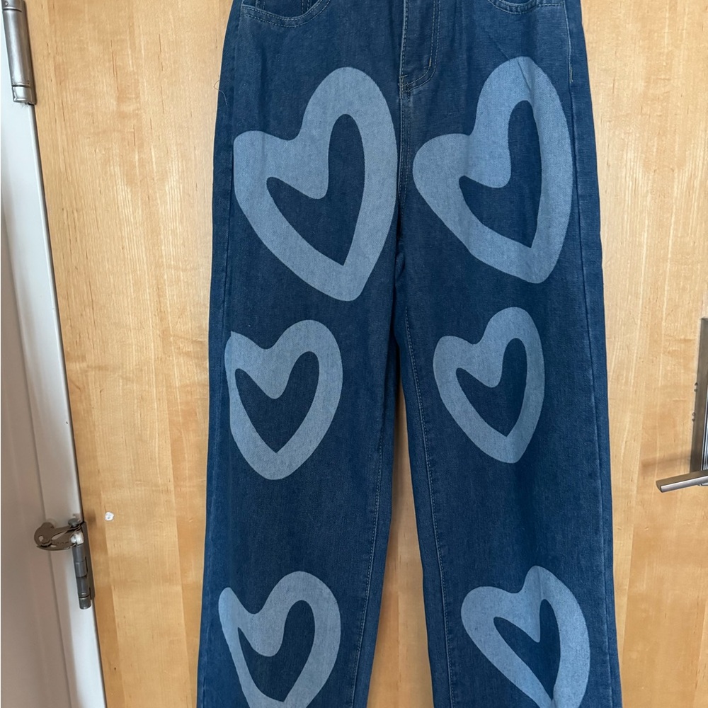 Heart Patterned Blue Wide Leg Jeans